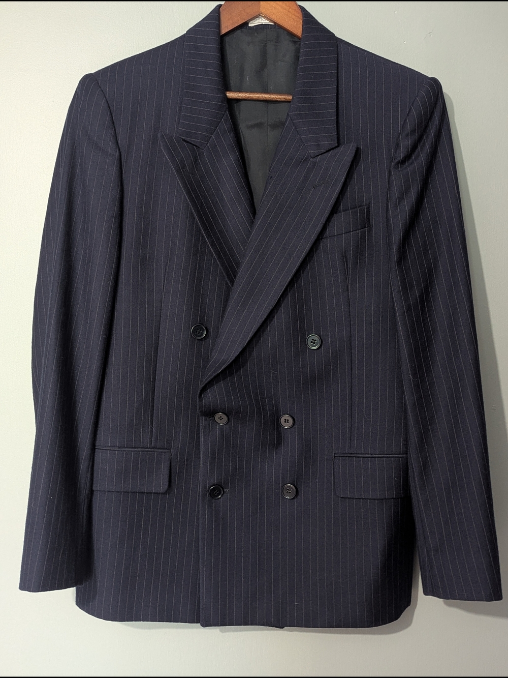Vintage Wool Men's Double-Breasted Navy Pinstripe Blazer Wall Street Mafia Style